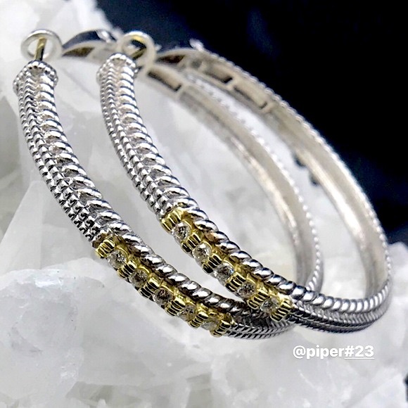 EUC Judith Ripka JR TWO Pave Diamond Large Linen 1.5” Hoop Earrings - Picture 3 of 9